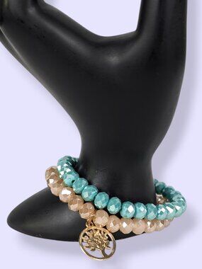 Set of 2 Peach & Teal Glass Crystal Stretch Bracelets